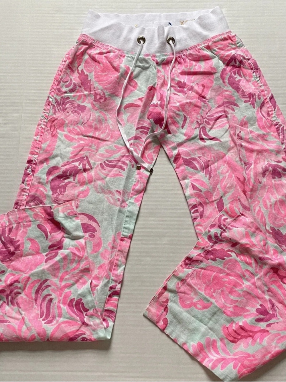 Lilly Pulitzer Pants Womens XS Pink Linen Beach Wide Leg Love Birds Drawstring